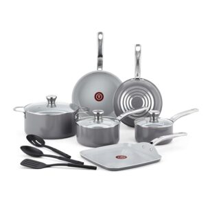 T-fal Fresh Gourmet Recycled Ceramic Non Stick Cookware Set 12 Piece, Oven Broiler Safe 500F, Lid Safe 350F, Kitchen Cooking Set W/Fry Pans, Saucepans, Dutch Oven, Utensils, Pots and Pans Set, Grey