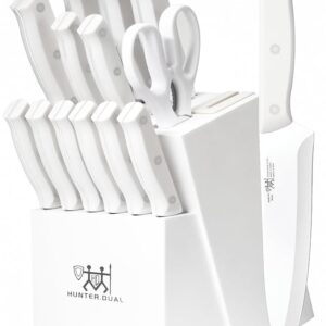 Knife Set, HUNTER.DUAL 15 Piece Kitchen Knife Set with Block and Built-in sharpener, Dishwasher Safe, Anti-slip Handle, White