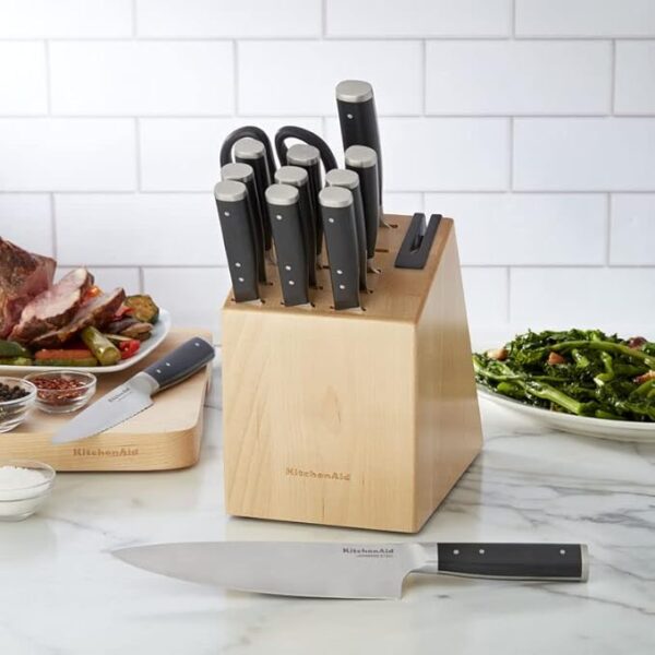 KitchenAid Gourmet Forged Triple Rivet Knife Block Set with Built-in Knife Sharpener, High Carbon Japanese Stainless Steel Kitchen Knives, Sharp Kitchen Knife Set with Block, Birchwood,14-Piece, Black - Image 3
