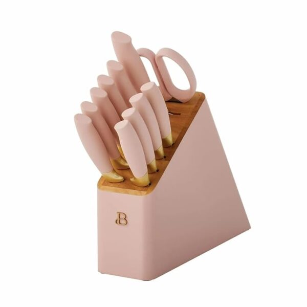 Beautiful 12pc Stainless Steel Knife Set with Soft-Grip Handles, Nonstick Resin Coated Blades, Steak Knives, Santoku, Chef Knife, Knife Block & More, Ergonomic Design, BPA-Free (Rose)