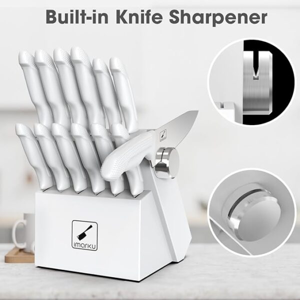 imarku Knife Set With Block, White Knife Set, Knife Block Set, 14pcs Stainless Steel Kitchen Knife Set, Kitchen Essentials for New Home, Apartment Essentials, Built-in Sharpener, Dishwasher Safe - Image 3