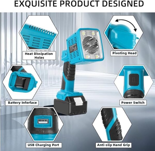 16W Cordless LED Flashlight for Makita 18V Lithium-ion Battery, 1600LM Handheld Work Light with USB Charger Port for Camping, Fishing, Car Repairing, Job Site, Emergency - Image 4