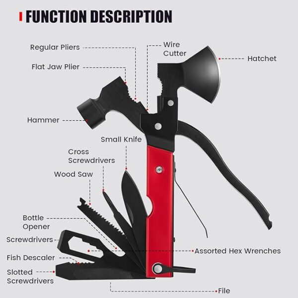 14-in-1 Multi Tools Hatchet Hammer Camping Gear, Multitool Hatchet Axe Camping Essentials for Camping Outdoor Survival Hiking (RedBlack) - Image 4