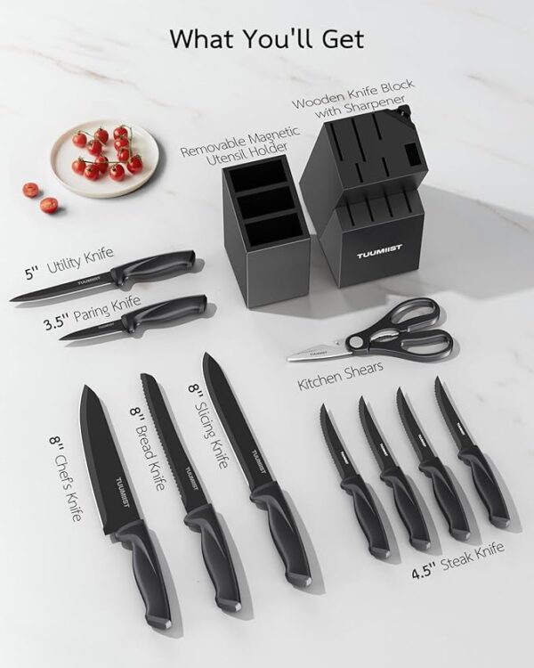 18-Piece Knife Sets for Kitchen with Block and Sharpener & Kitchen Utensils Set & Removable Utensil Holder (Black)-Precision Cutting, Effortless Sharpening, Convenient Organization - Image 5