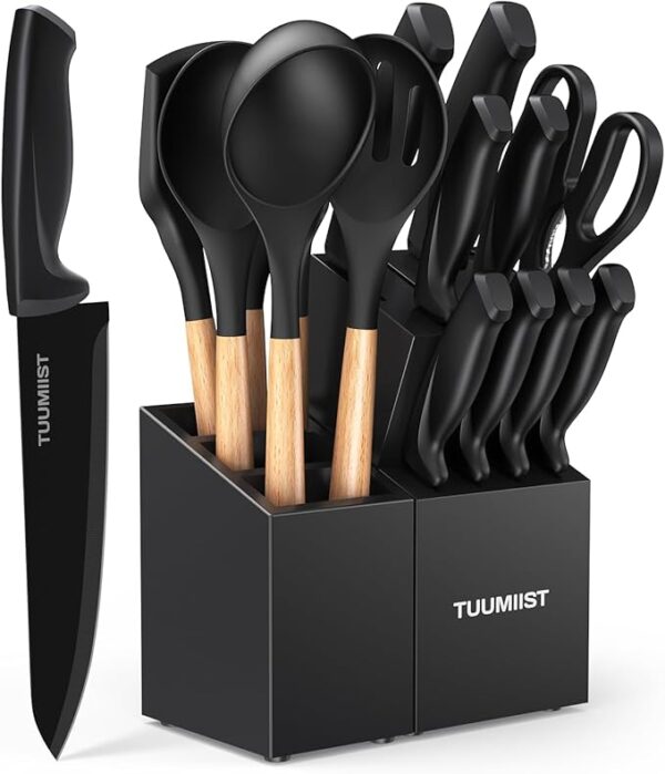18-Piece Knife Sets for Kitchen with Block and Sharpener & Kitchen Utensils Set & Removable Utensil Holder (Black)-Precision Cutting, Effortless Sharpening, Convenient Organization - Image 2