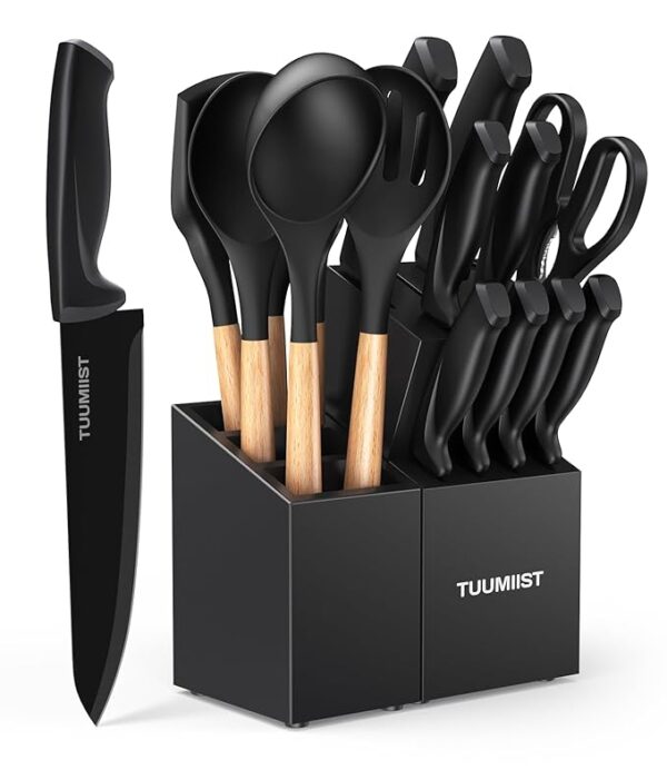 18-Piece Knife Sets for Kitchen with Block and Sharpener & Kitchen Utensils Set & Removable Utensil Holder (Black)-Precision Cutting, Effortless Sharpening, Convenient Organization