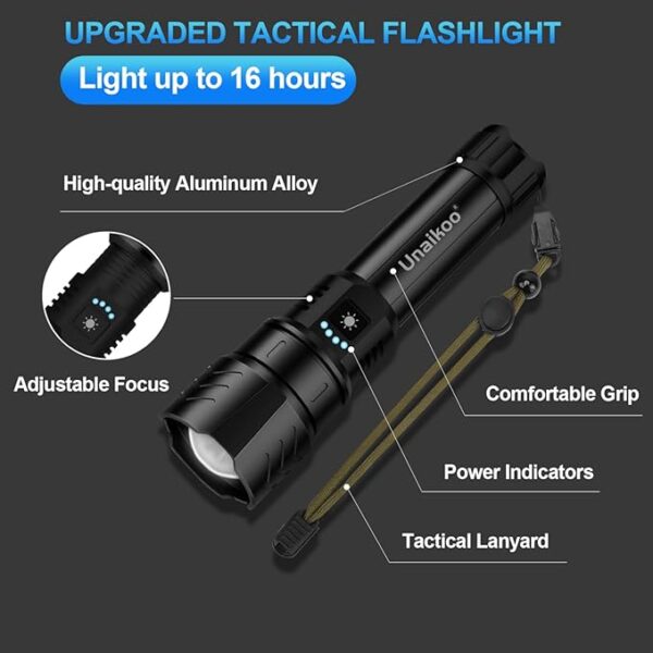 Rechargeable Flashlight High Lumens - 10000LM Powerful Tactical Flashlights with 4 Modes Zoomable LED Flashlight Waterproof Brightest Flash Light for Emergencies Camping Hiking Outdoor C1 - Image 6