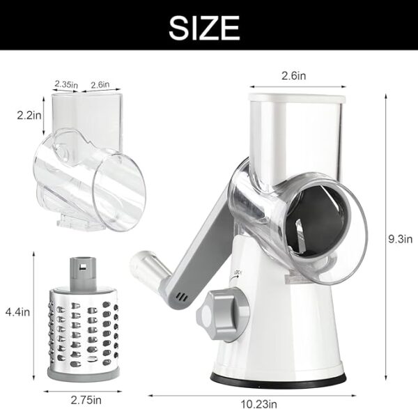 Cambom Rotary Cheese Grater Hand Crank Cheese Shredder for Fresh Cheese, Vegetable, Nuts,Non-slip Suction Base, Free Cleaning Brush Three Blades, White - Image 6