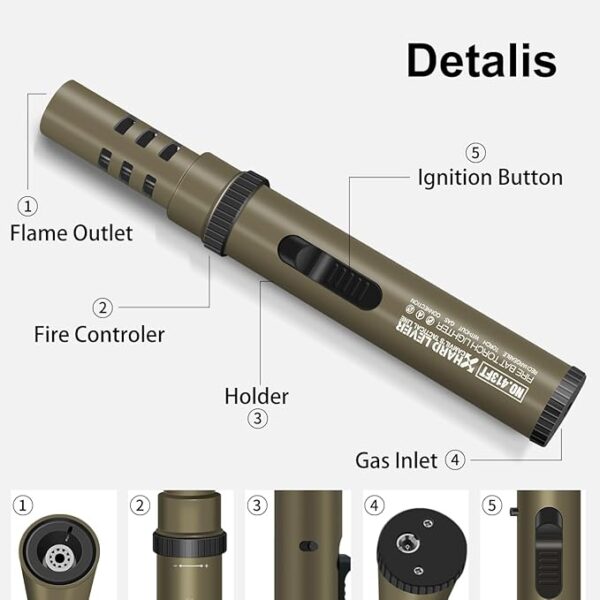 Camping Torch Lighter, Windproof Bright Fire Lighter with Safety Lock, Refillable Straight Flame Lighter with Adjustable Jet Flame for Tactical Outdoor Hiking Candles Kitchen BBQ Campfires (Brown) - Image 3