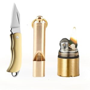 Mini Knife with Retro Lighter, Lound brass whistle, Keychain Knife Set for Camping Survival, Gadgets for Men, Easy for Everyday Carry (lighter knife whistle)