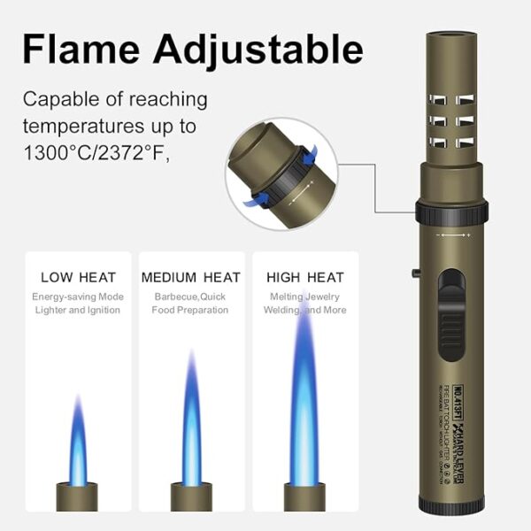 Camping Torch Lighter, Windproof Bright Fire Lighter with Safety Lock, Refillable Straight Flame Lighter with Adjustable Jet Flame for Tactical Outdoor Hiking Candles Kitchen BBQ Campfires (Brown) - Image 5