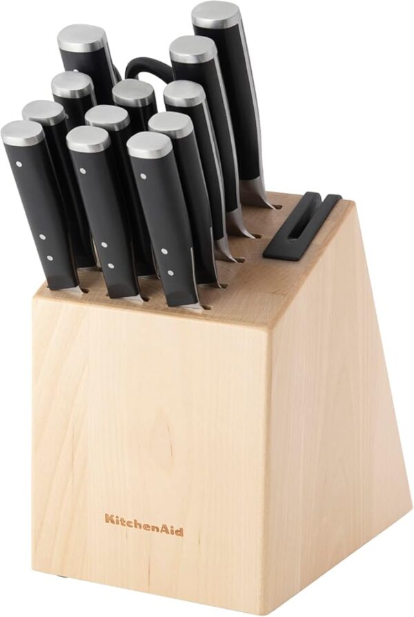 KitchenAid Gourmet Forged Triple Rivet Knife Block Set with Built-in Knife Sharpener, High Carbon Japanese Stainless Steel Kitchen Knives, Sharp Kitchen Knife Set with Block, Birchwood,14-Piece, Black - Image 2