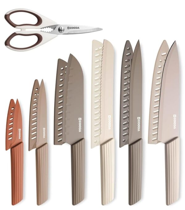 GOODA Knife Set,13 Pieces Kitchen Knives Set, Dishwasher Safe Stainless Steel Chef Cooking Knife Sets with 6 Blade Guards and Kitchen Shears