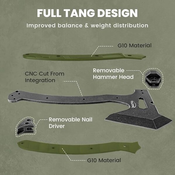 Tactical Axe with G10 Handle Camping Survival Hatchet, Multifunctional Hiking Outdoor Heavy Duty Full Tang Tomahawk Tools with Hammer, Unique Design Crowbar, Leather Sheath (Green) - Image 5