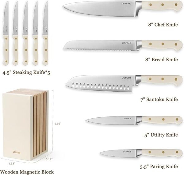 CAROTE 11 Pieces Knife Set with Block for kitchen, Stainless Steel Razor-Sharp Blade, Triple Riveted Ergonomic Handle, Wooden Magnetic Block, Essential Knife Block Set, Beige - Image 4