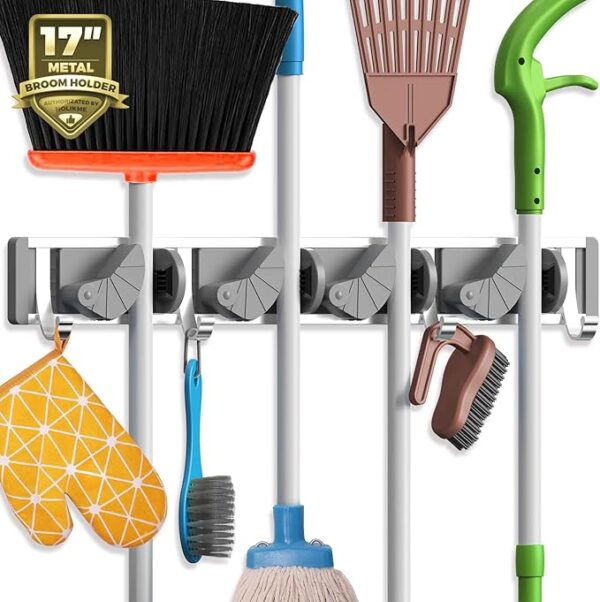 Holikme Mop Broom Holder Wall Mount Metal Pantry Organization and Storage Garden Kitchen Tool Organizer Wall Hanger for Home Goods (4 Positions with 4 Hooks, Silver) - Image 2