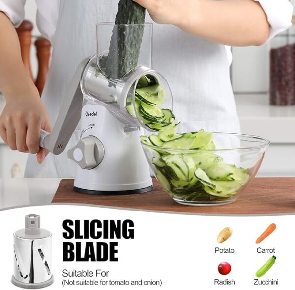Geedel Rotary Cheese Grater, Kitchen Mandoline Vegetable Slicer with 3 Interchangeable Blades, Easy to Clean Rotary Grater Slicer for Fruit, Vegetables, Nuts - Image 4