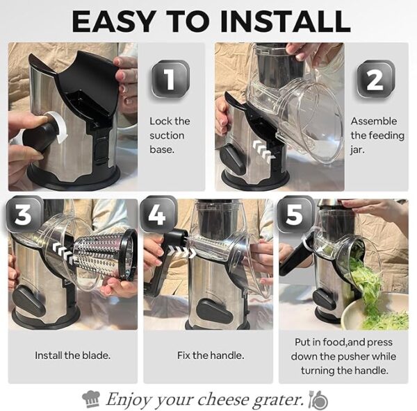 Airpro Rotary Cheese Grater with Handle - Vegetable Shredder with 3 Stainless Steel Blades & Strong Suction Base,Round Mandoline Slicer & Food Chopper for Kitchen - Image 6