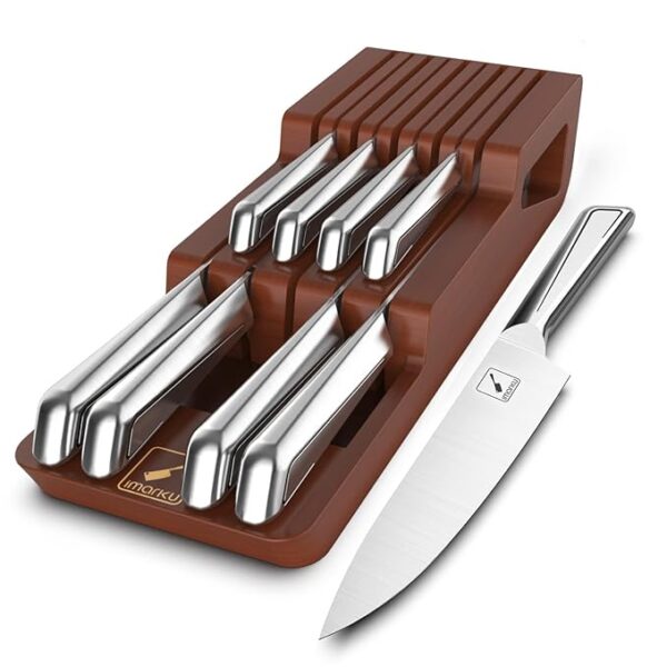 imarku Knife Set, 10 PCS Japanese Stainless Steel Knife Block Set, Kitchen Knife Set with Wooden Drawer Organizer, Drawer Knife Set,Dishwasher Safe, Ultra Sharp Chef Knife, Gifts for Women Men