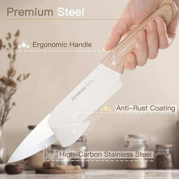 Astercook Knife Set, 13 Pieces Kitchen Knives Set with Ceramic Coating, Stainless Steel Chef Knife Sets with 6 Blade Guards, Dishwasher Safe Knife with Wooden Handle, White - Image 3
