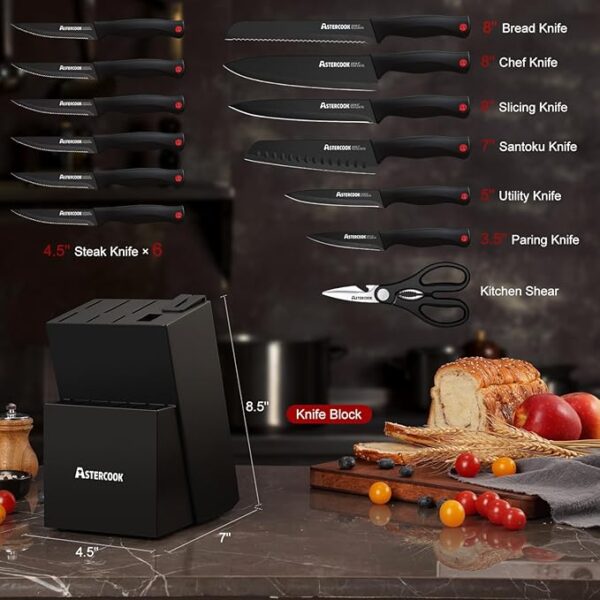 Astercook 15 Piece Knife Set with Sharpener Block - German Stainless Steel, Dishwasher Safe Kitchen Knives with Built-In Sharpener, Black - Image 3