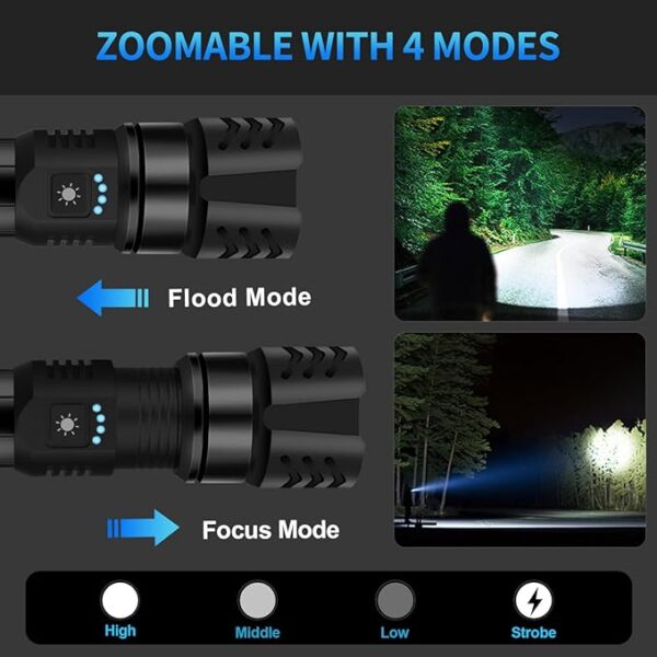 Rechargeable Flashlight High Lumens - 10000LM Powerful Tactical Flashlights with 4 Modes Zoomable LED Flashlight Waterproof Brightest Flash Light for Emergencies Camping Hiking Outdoor C1 - Image 4