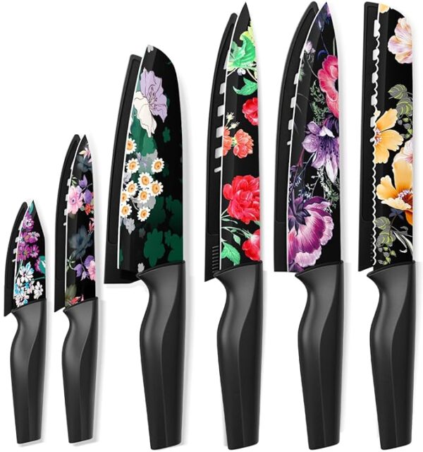 Astercook Knife Set, 12-Piece Flower Kitchen Knives Sets with Blade Guards, Dishwasher Safe, German High Carbon Stainless Steel, Perfect Gifts for Kitchen