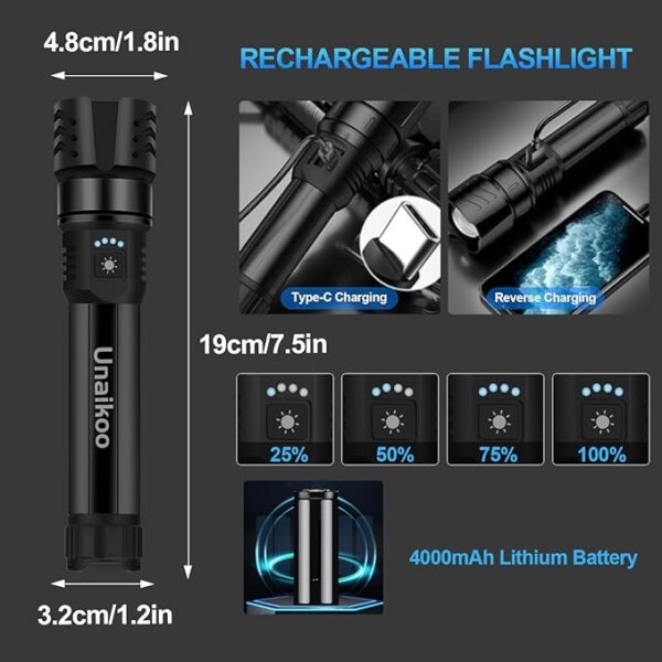Rechargeable Flashlight High Lumens - 10000LM Powerful Tactical Flashlights with 4 Modes Zoomable LED Flashlight Waterproof Brightest Flash Light for Emergencies Camping Hiking Outdoor C1 - Image 5