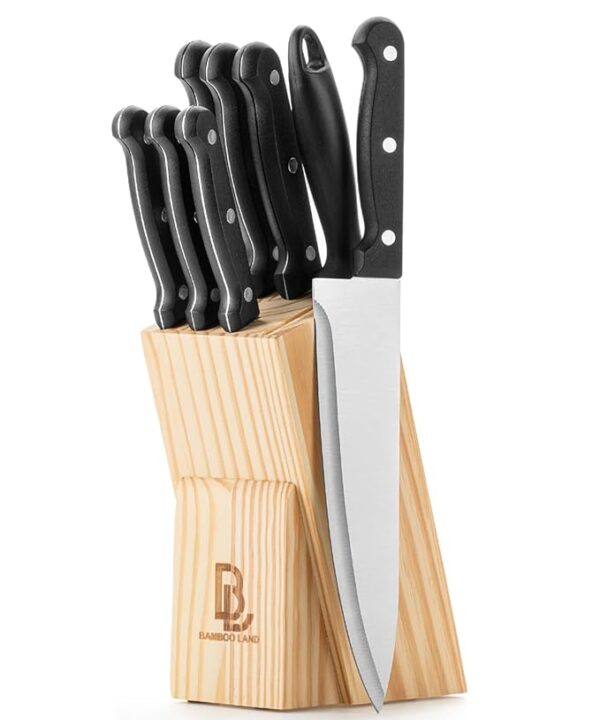 BAMBOO LAND- Kitchen Knife Set, 9 pcs, Stainless Steel Knife Set with Block and Sharpener, Kitchen Knives with Wooden Block, Cutting Knife Block Set, Knives Set for Kitchen Knife Sets with Block