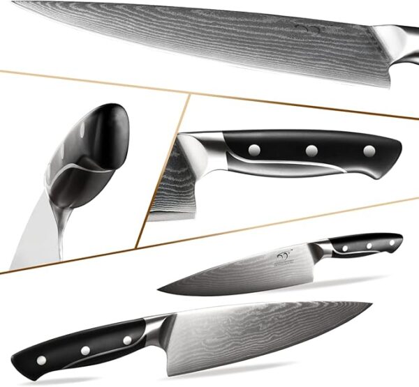 18 Pieces Damascus Kitchen Knife Set, 8 Piece Steak Knives, Non-slip ABS Ergonomic Triple Rivet Handle for Meat Fork, Knife Sharpener and Shears, 17 Slots Wooden Knife Block - Image 4