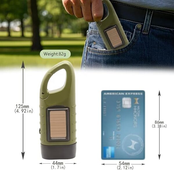 Hand Crank Solar Powered Flashlight, Emergency Rechargeable LED Survival Flashlight with Dynamo Crank, Handheld Torch with Carabiner Clip for Sports, Camping, Hiking - Image 3