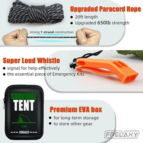 Frelaxy Extra-Thick Emergency Tent, Compact Survival Tent with Whistle, Upgraded Paracord, Storage Pouch, and EVA Case, 2 Person Emergency Shelter for Backpacking, Hiking, Outdoor - Image 5