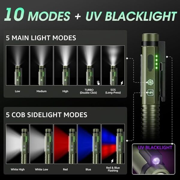 Flashlight Rechargeable, Super Bright 1400 High Lumens Tactical Magnetic Pen Flashlights with Clip, 10Modes Pocket UV Penlight Flashlight, LED Waterproof Small Flash Light for Emergency, Camping, Home - Image 4