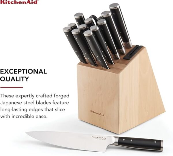 KitchenAid Gourmet Forged Triple Rivet Knife Block Set with Built-in Knife Sharpener, High Carbon Japanese Stainless Steel Kitchen Knives, Sharp Kitchen Knife Set with Block, Birchwood,14-Piece, Black - Image 6