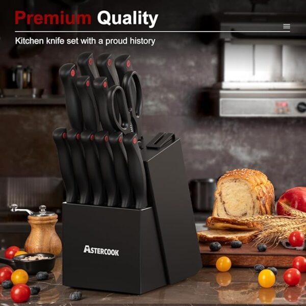 Astercook 15 Piece Knife Set with Sharpener Block - German Stainless Steel, Dishwasher Safe Kitchen Knives with Built-In Sharpener, Black - Image 6