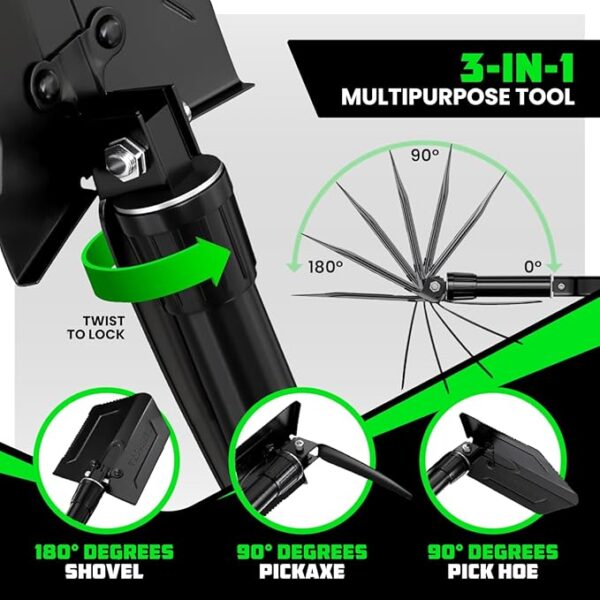 RHINO USA Folding Survival Shovel w/Pick - Heavy Duty Carbon Steel Military Style Entrenching Tool for Off Road, Camping, Gardening, Beach, Digging Dirt, Sand, Mud & Snow. - Image 5