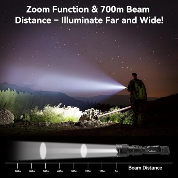 Powertac Flexbeam Tactical Flashlight â 700m Long Throw Zoomable LED, 1200 Lumens, 6 Modes, Rechargeable, Waterproof EDC Torch with Memory Function, Clip & Momentary On for Hunting, Outdoor, Emergency - Image 3