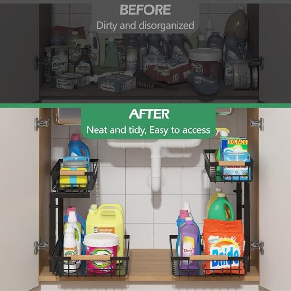 ADRIMER Under Sink Organizer 2 Packs, Pull Out Kitchen Sink Organizer, 2 Tier Slide Out Kitchen Organizers and Storage Bathroom Under Cabinet Storage Shelf, Black - Image 5