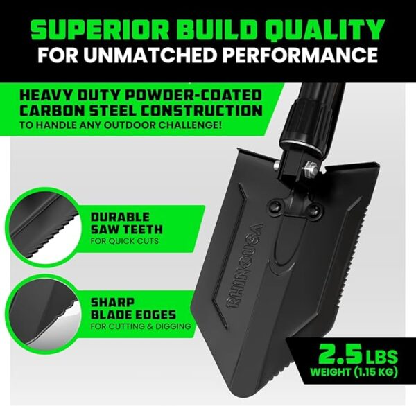 RHINO USA Folding Survival Shovel w/Pick - Heavy Duty Carbon Steel Military Style Entrenching Tool for Off Road, Camping, Gardening, Beach, Digging Dirt, Sand, Mud & Snow. - Image 4