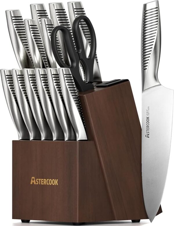Astercook Knife Set, 15 Pieces Full Tang Kitchen Knife Sets with Block and Built-in Sharpener, German Stainless Steel Knives Block Sets Dishwasher Safe - Image 2