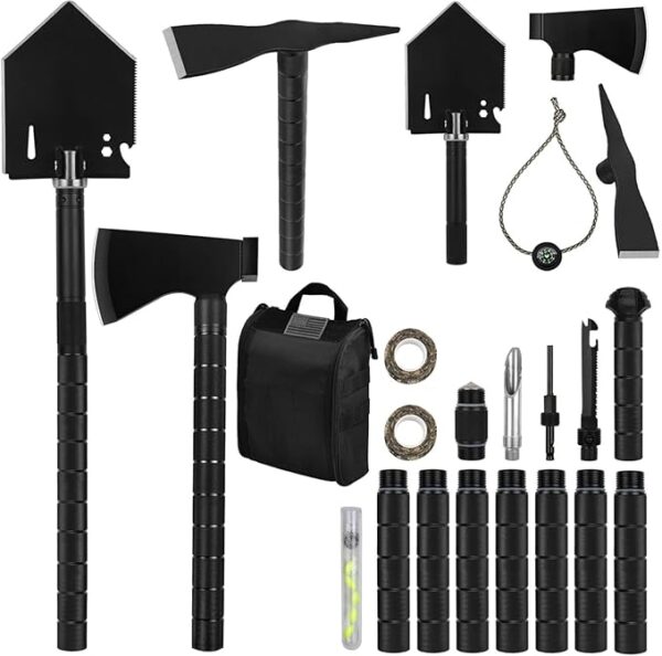 IUNIO Survival Off-Roading Tool Kit, 19 in 1 Folding Shovel, Camping Axe, Multitool, Pickaxe, with Carrying Bag, for Outdoor, Car Emergency (Upgrade Black) - Image 2