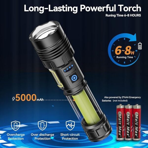 LED Rechargeable Torch,Flashlight with COB Side Light,7 Lighting Modes,Adjustable Focus,5000mAh,Waterproof, for Camping,Hiking,Dog Walking,Home,Emergency - Image 5