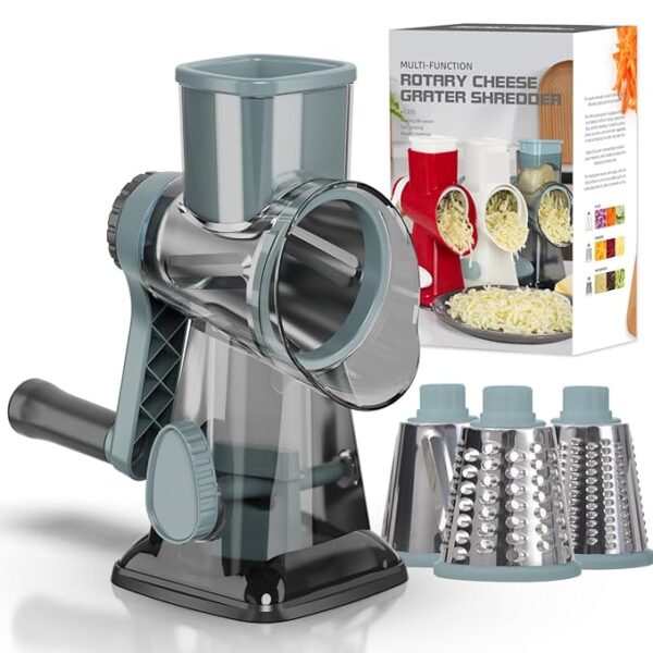 Cheese Grater Cheese Shredder with 3 Interchangeable Blades, Rotary Cheese Grater Manual Vegetable Slicer with Non-slip Suction Base Peanut Nuts Grinder Vegetable Shredder Clear