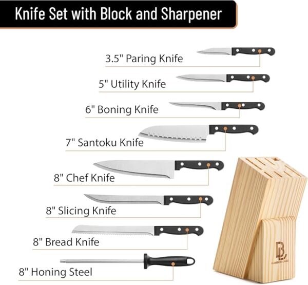 BAMBOO LAND- Kitchen Knife Set, 9 pcs, Stainless Steel Knife Set with Block and Sharpener, Kitchen Knives with Wooden Block, Cutting Knife Block Set, Knives Set for Kitchen Knife Sets with Block - Image 3