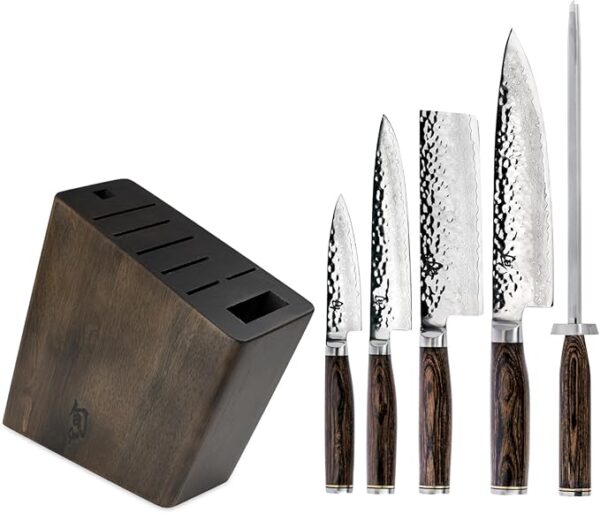 Shun Premier 6 Piece Block Set, Includes 8" Chef, 4" Paring, 5.5" Nakiri, 6.5" Utility Knives, Honing Steel & 8-Slot Angled Knife Block, Handcrafted Japanese Knife Set, Pakkawood Handles - Image 2