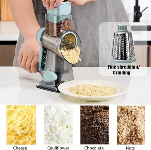 Rotary Cheese Grater Shredder with Handle Handheld Round Mandoline Vegetable Slicer Carrot Shredder Nut Grinder with 3 Replaceable Stainless Steel Drum Blades and Upgrade Strong Suction, Grey/Cyan - Image 5