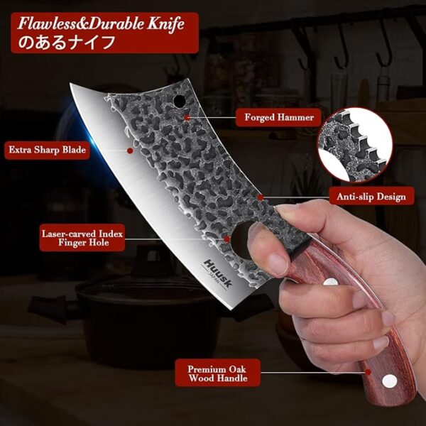Huusk Meat Cleaver Knife, Hand Forged Butcher Knife for Meat Cutting, Full Tang Viking Knife with Sheath, Japanese Chef Knives for Kitchen, Outdoor Cooking, Camping, BBQ, Gift for Man and Women - Image 5