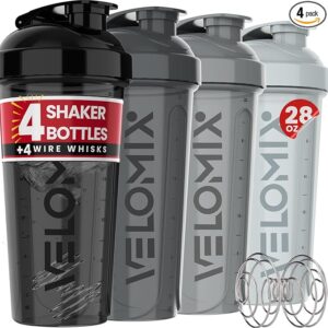 '-4 PACK- 28 oz Protein Shaker Bottle for Protein Mixes - 4x Wire Whisk | Leak Proof Shaker Cups for Protein Shakes | Protein Shaker Bottle Pack | Protein Shake Cup(Silver Mix)