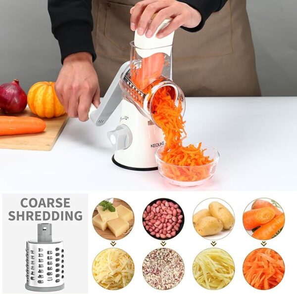 Cambom Rotary Cheese Grater Hand Crank Cheese Shredder for Fresh Cheese, Vegetable, Nuts,Non-slip Suction Base, Free Cleaning Brush Three Blades, White - Image 4