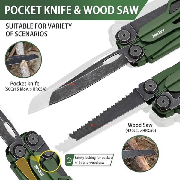 NexTool Flagship Pro, Multi Tool, Multitool Pliers with Folding Scissors, Replaceable Wire Cutters and Safety Locking, Multi Tool Pocket Knife, Survival Tools with Glass Breaker, Gifts for Men-Green - Image 4